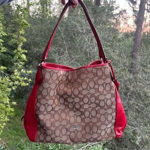 COACH Edie 31 Women's Tan/Red Shoulder Bag with Silver Hardware AUTHENTIC